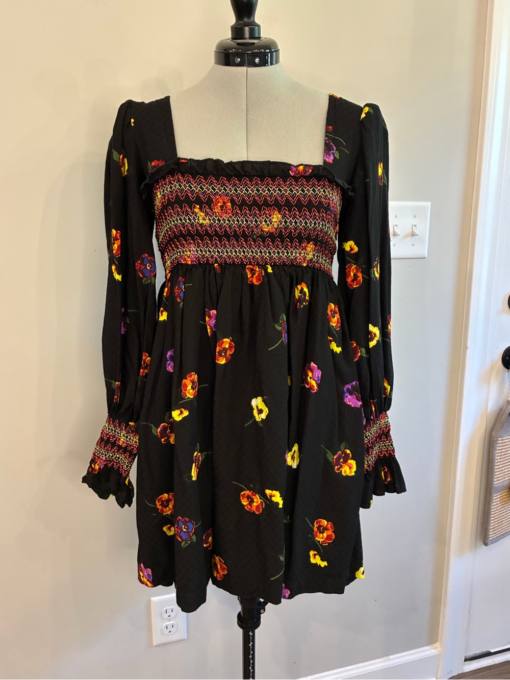 Urban Outfitters Black Floral Smocked Mini Dress with Multicolor Pansies